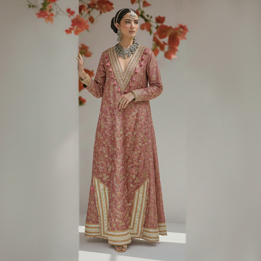 Pink Jamawar Embroidered Kaftan