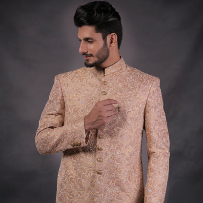 Pink Jamawar Floral Embroidered Sherwani