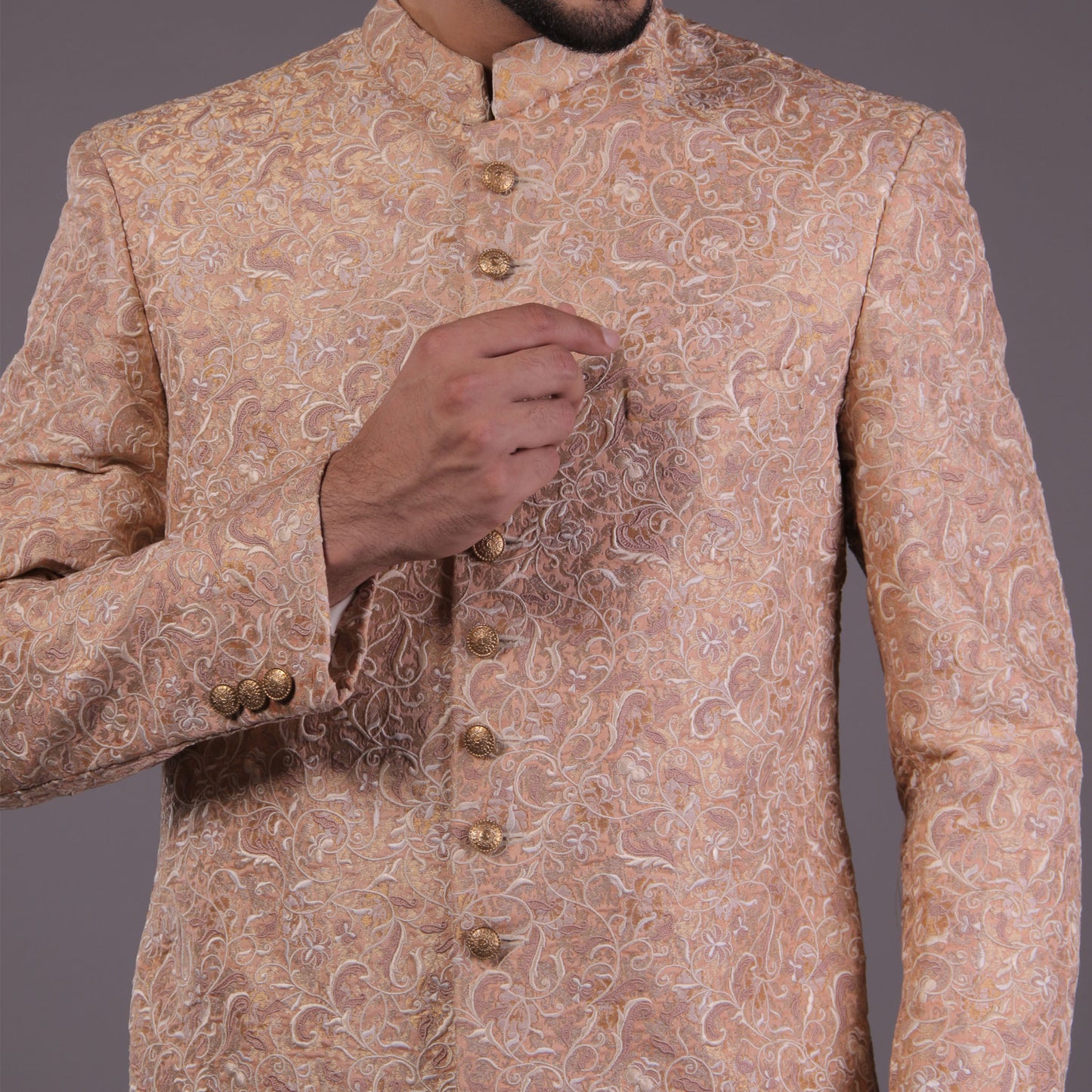 Pink Jamawar Floral Embroidered Sherwani
