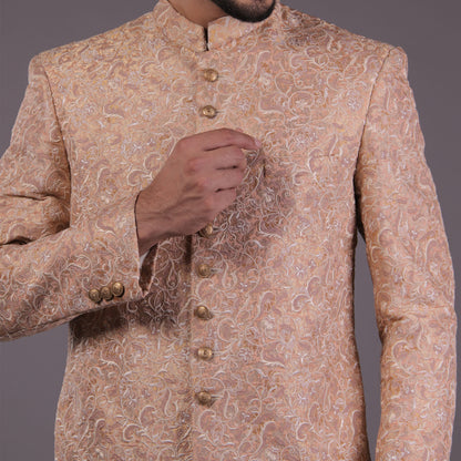 Pink Jamawar Floral Embroidered Sherwani