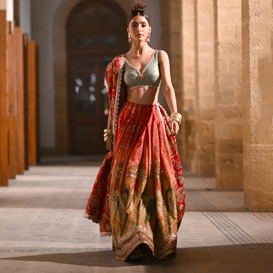 Pink Mehrab Embroidered Mughal Lehenga Set