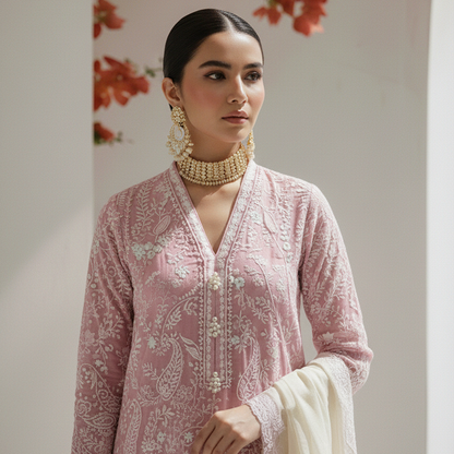 Pink Paisley Emb 3 pc Dress