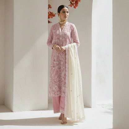 Pink Paisley Emb 3 pc Dress