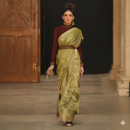 Pistachio Green Saree with Maroon Couture Blouse