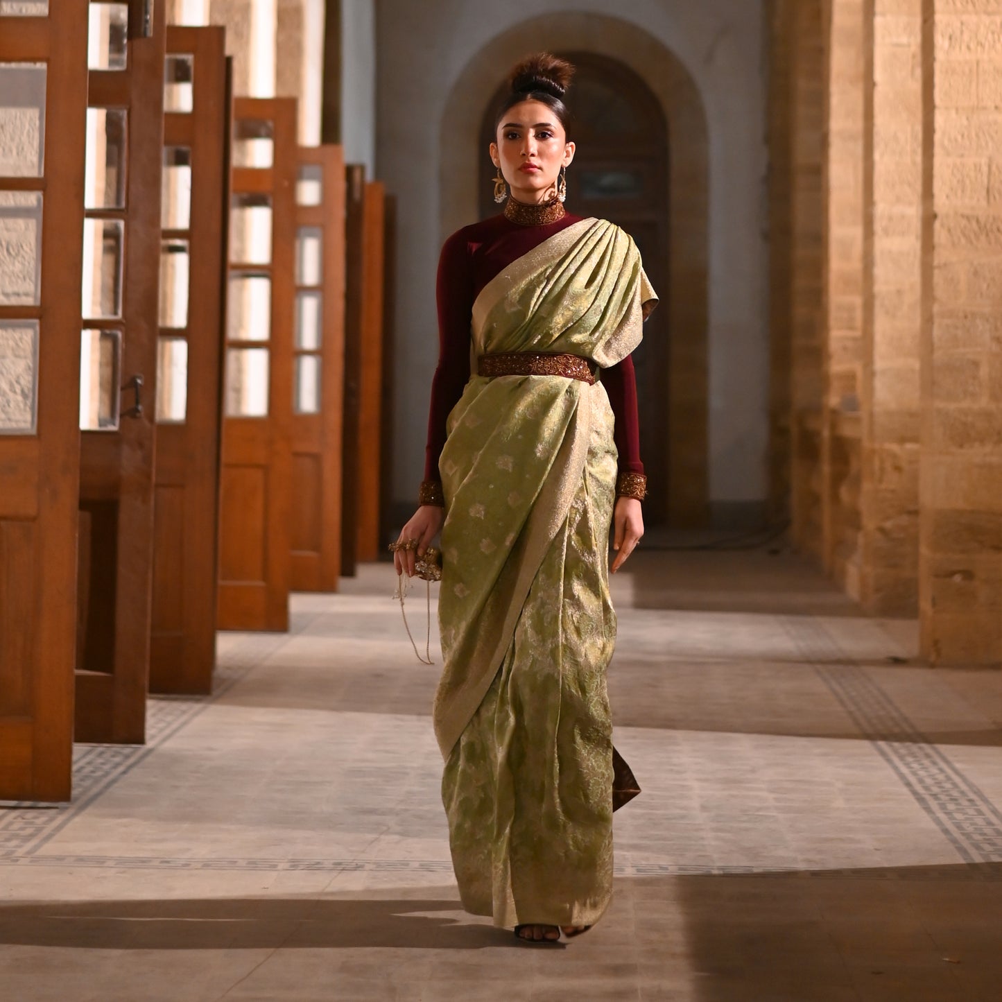 Pistachio Green Saree with Maroon Couture Blouse