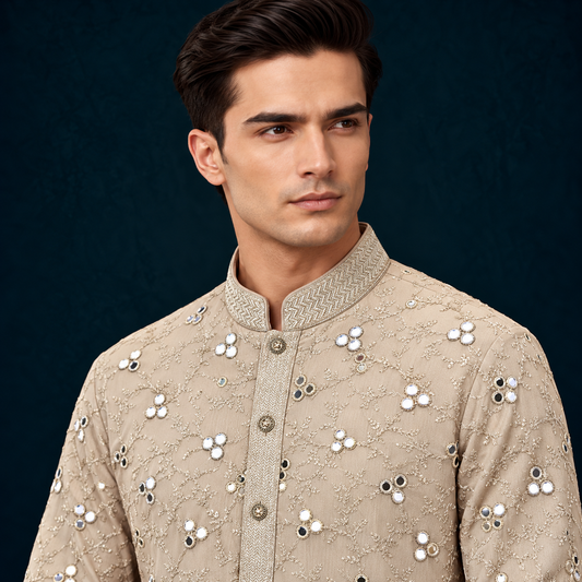 Chiffon Gold Emb Mirror Suit