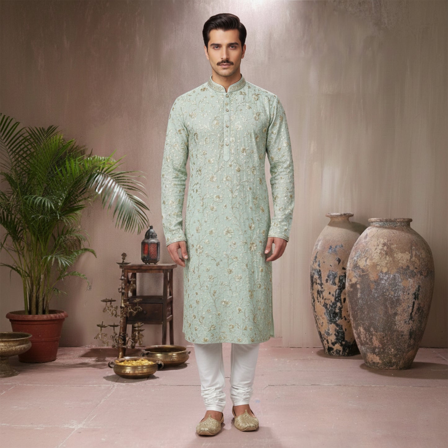 Premium Chiffon Mint Green Emb Couture Suit