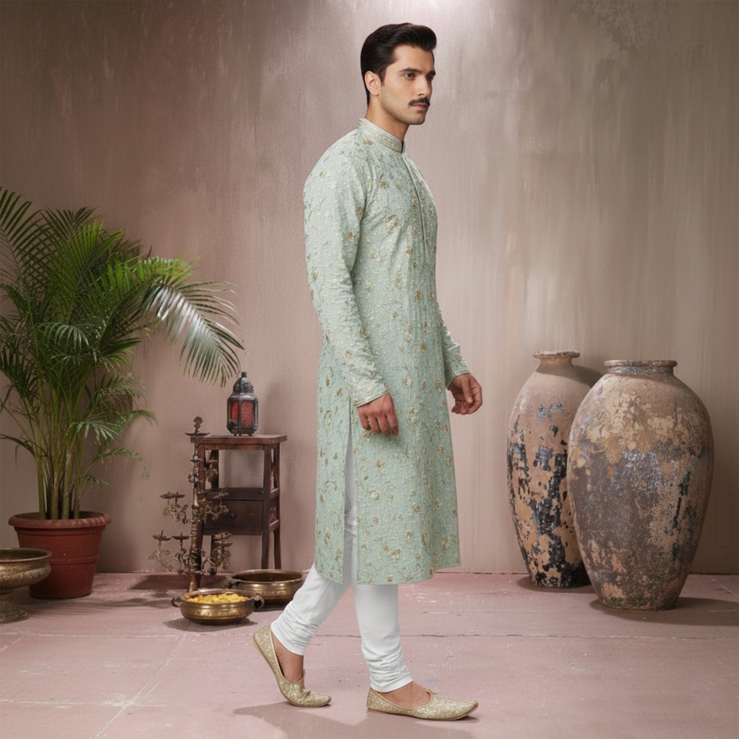 Premium Chiffon Mint Green Emb Couture Suit