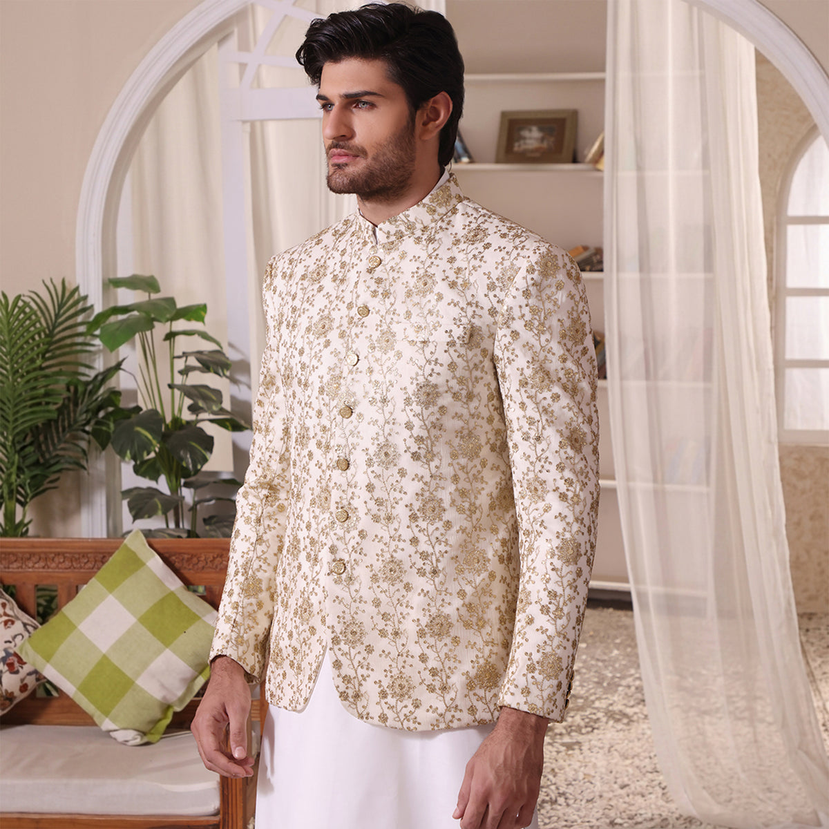 Premium Cotton Net Off White Jacket