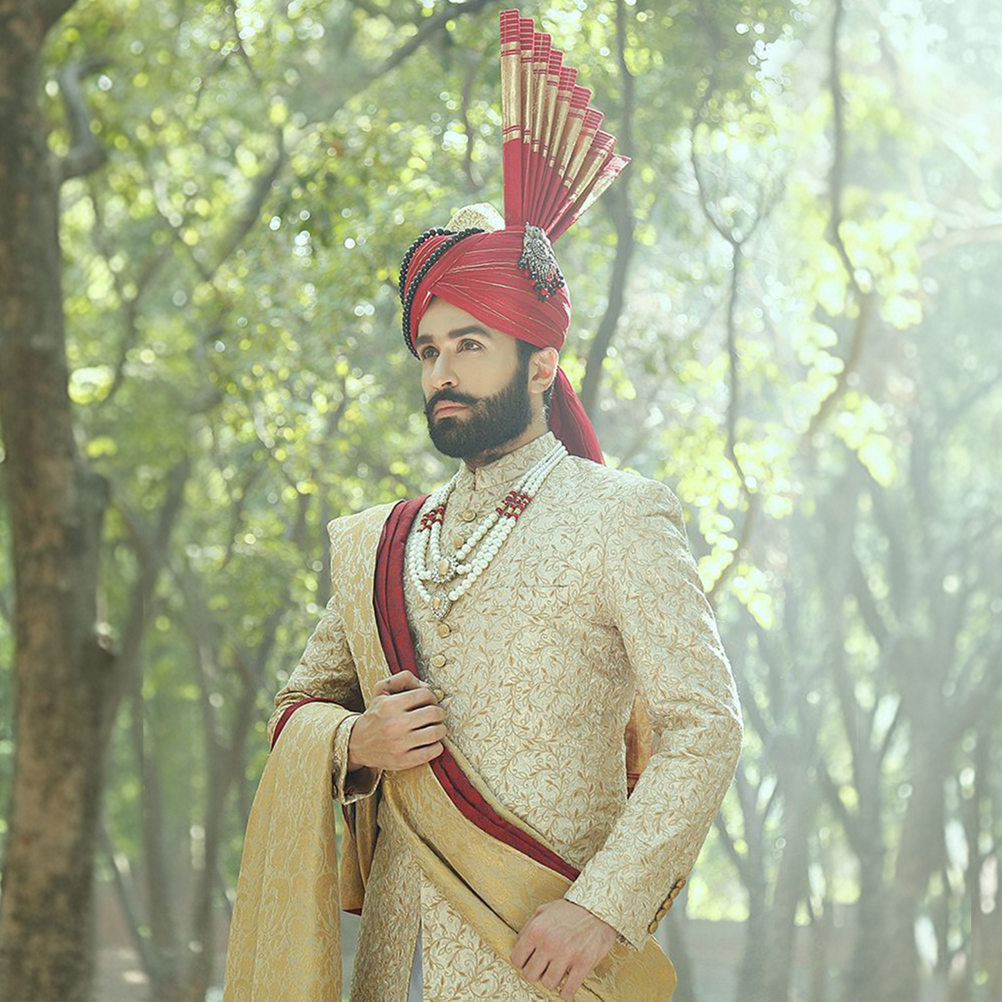 Premium Embroidered Golden Flame Sherwani