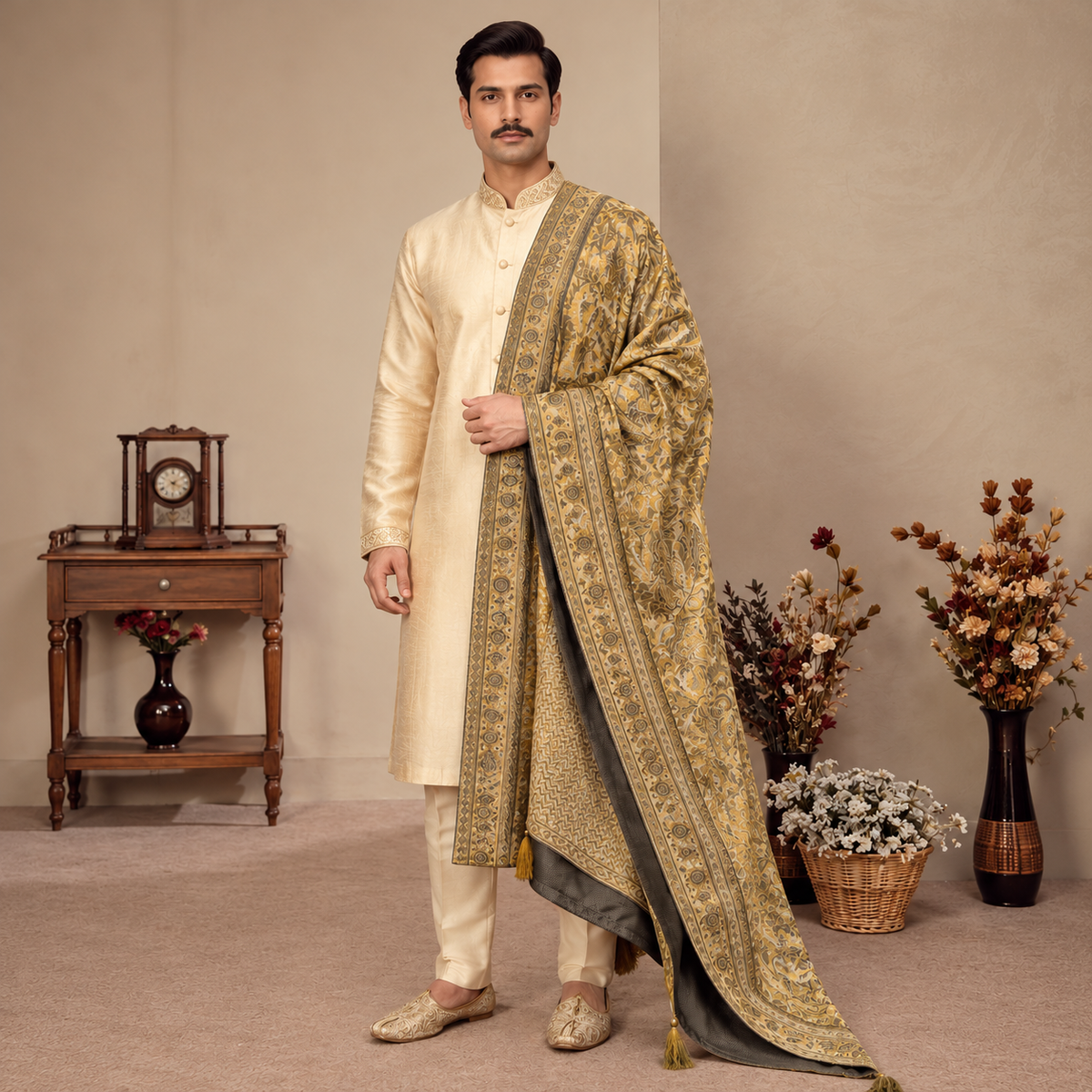 Premium Jamawar Beige/Gold Couture Shawl