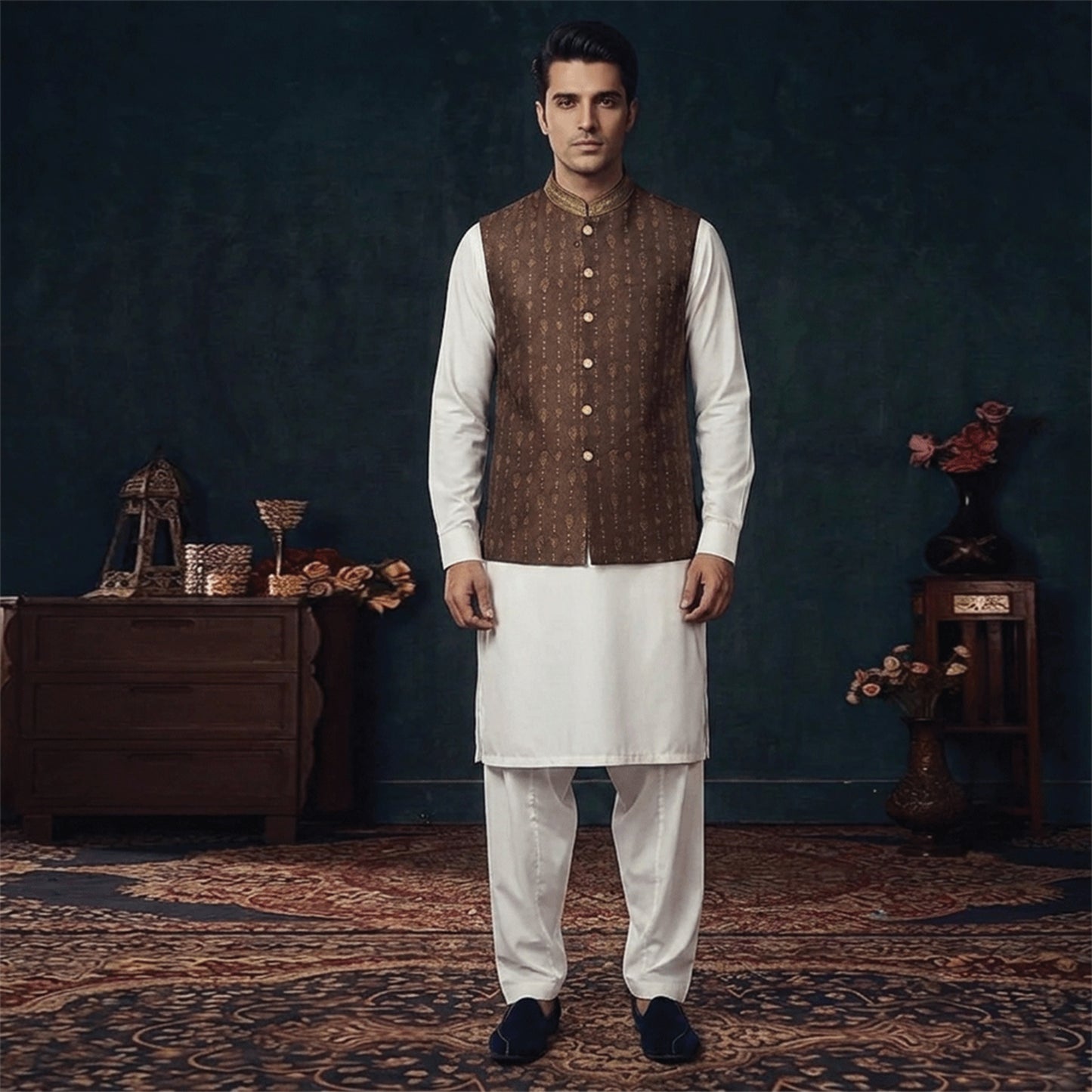 Premium Jamawar Brown Traditional Waistcoat