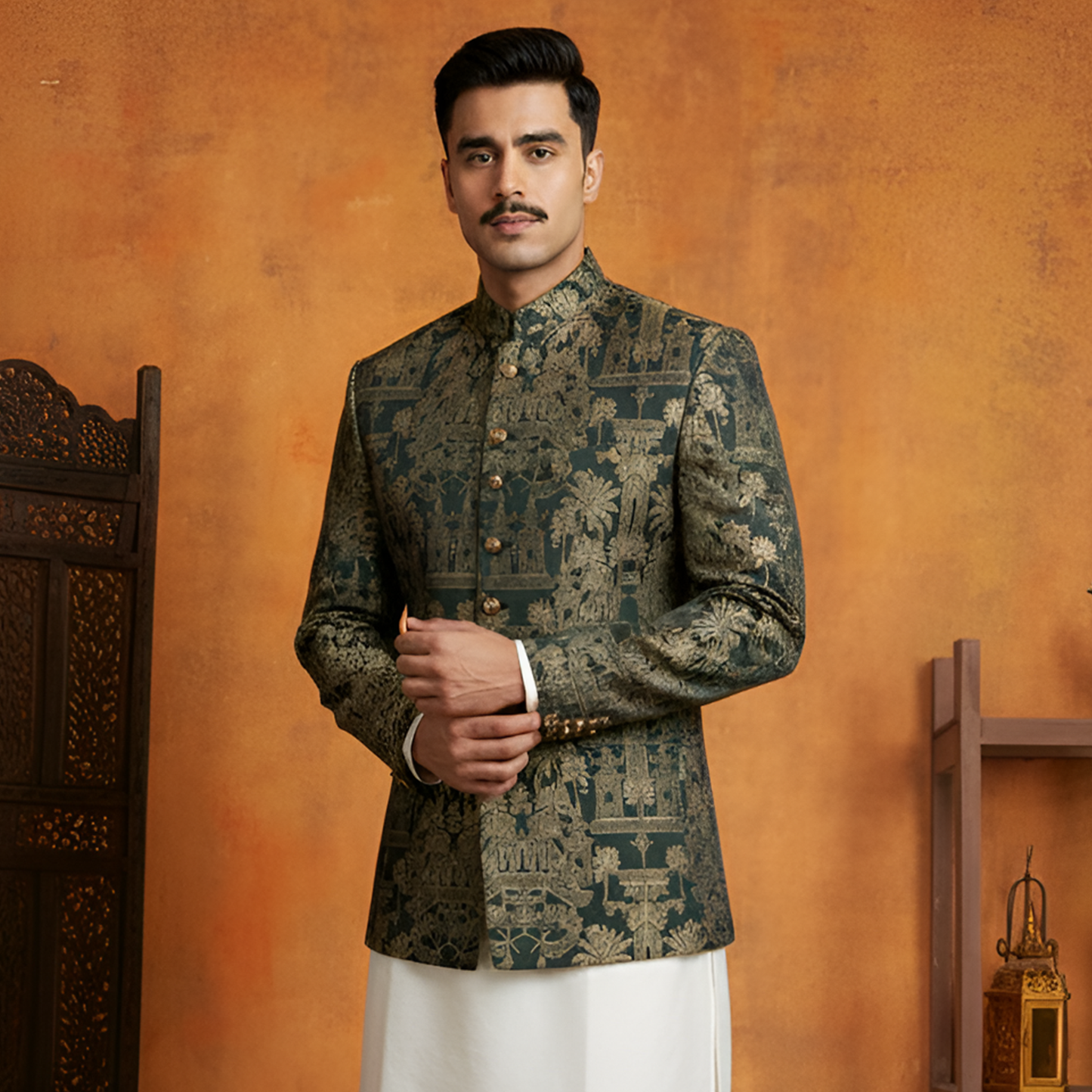 Premium Jamawar Kai Green Traditional Jacket