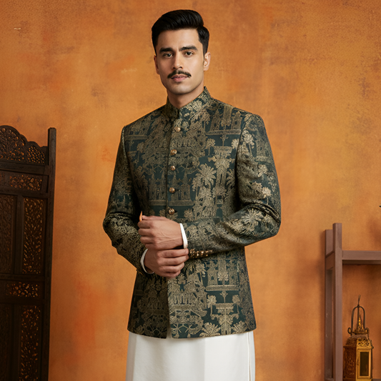 Premium Jamawar Kai Green Traditional Jacket
