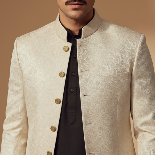 Premium Jamawar Light Cream Traditional Jacket