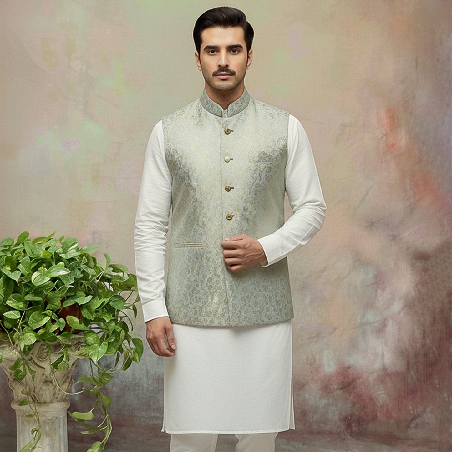 Premium Jamawar Mint Green Traditional Waistcoat