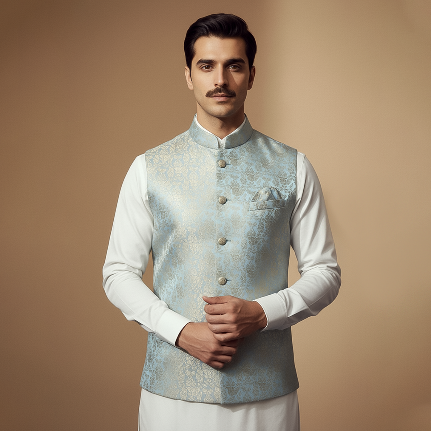 Premium Jamawar Pastel Blue Waistcoat