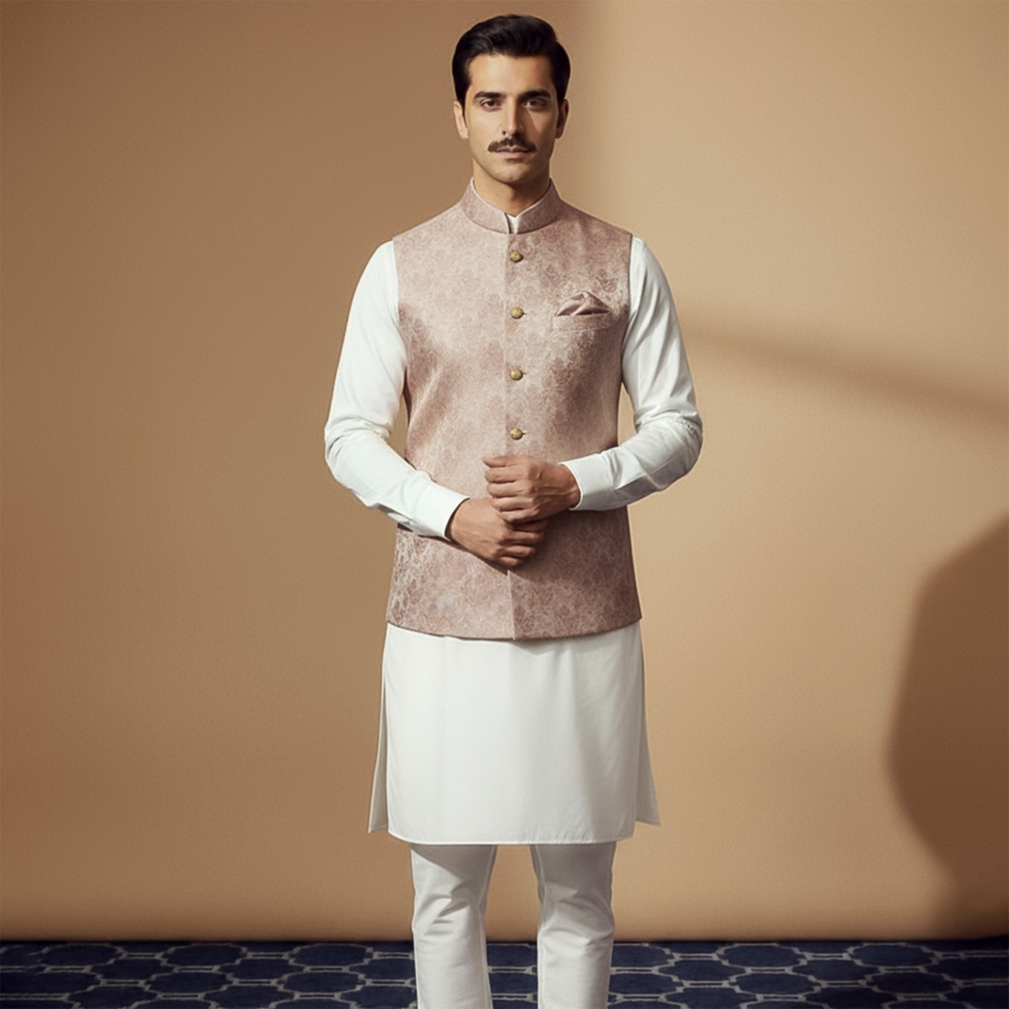 Premium Jamawar Pink Traditional Waistcoat