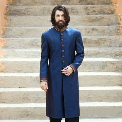 Premium Jamawar Royal Blue Sherwani with Embroidered Collar