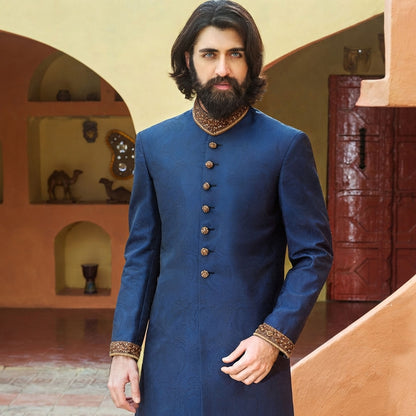 Premium Jamawar Royal Blue Sherwani with Embroidered Collar
