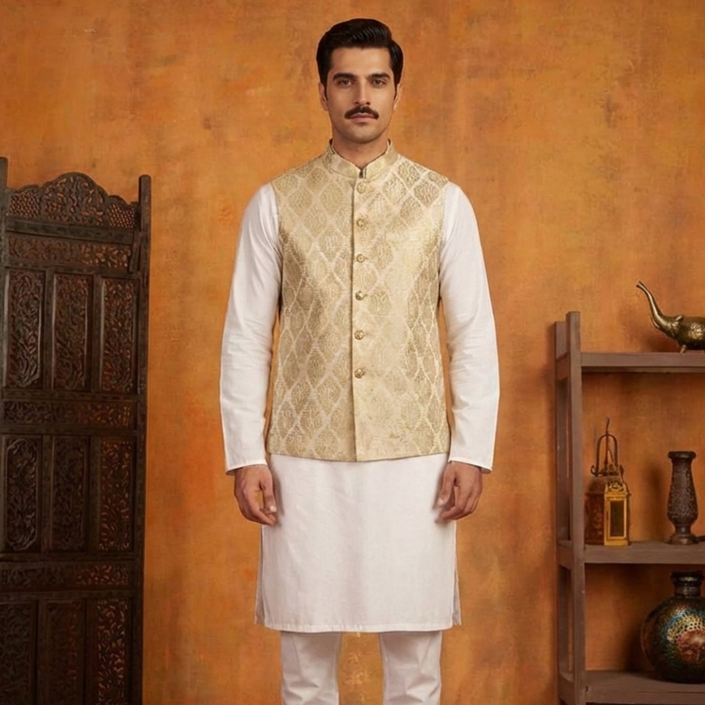 Premium Jamawar Silver Traditional Waistcoat