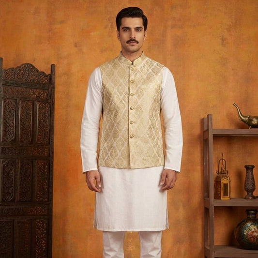 Premium Jamawar Silver Traditional Waistcoat