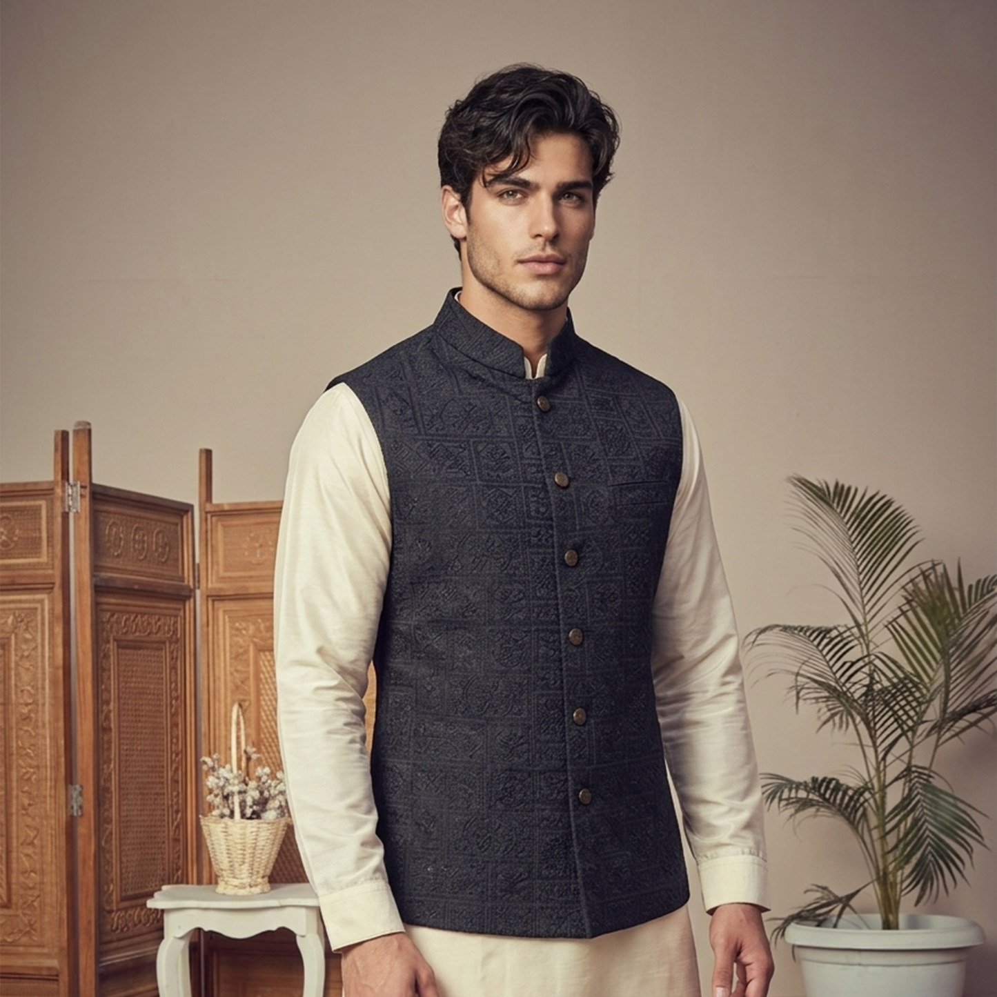 Premium Raw Silk Black Waistcoat