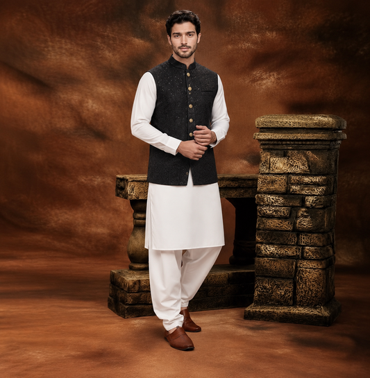 Premium Raw Silk Black Waistcoat