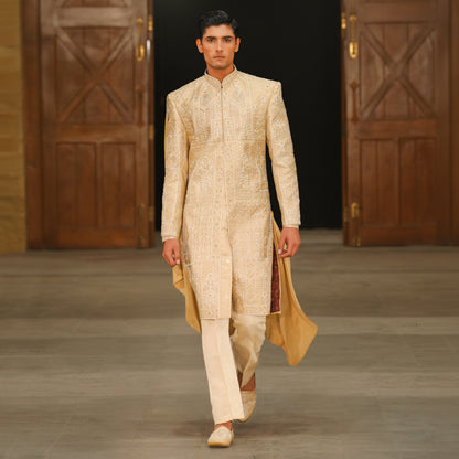Premium Satin Beige Emb Sherwani