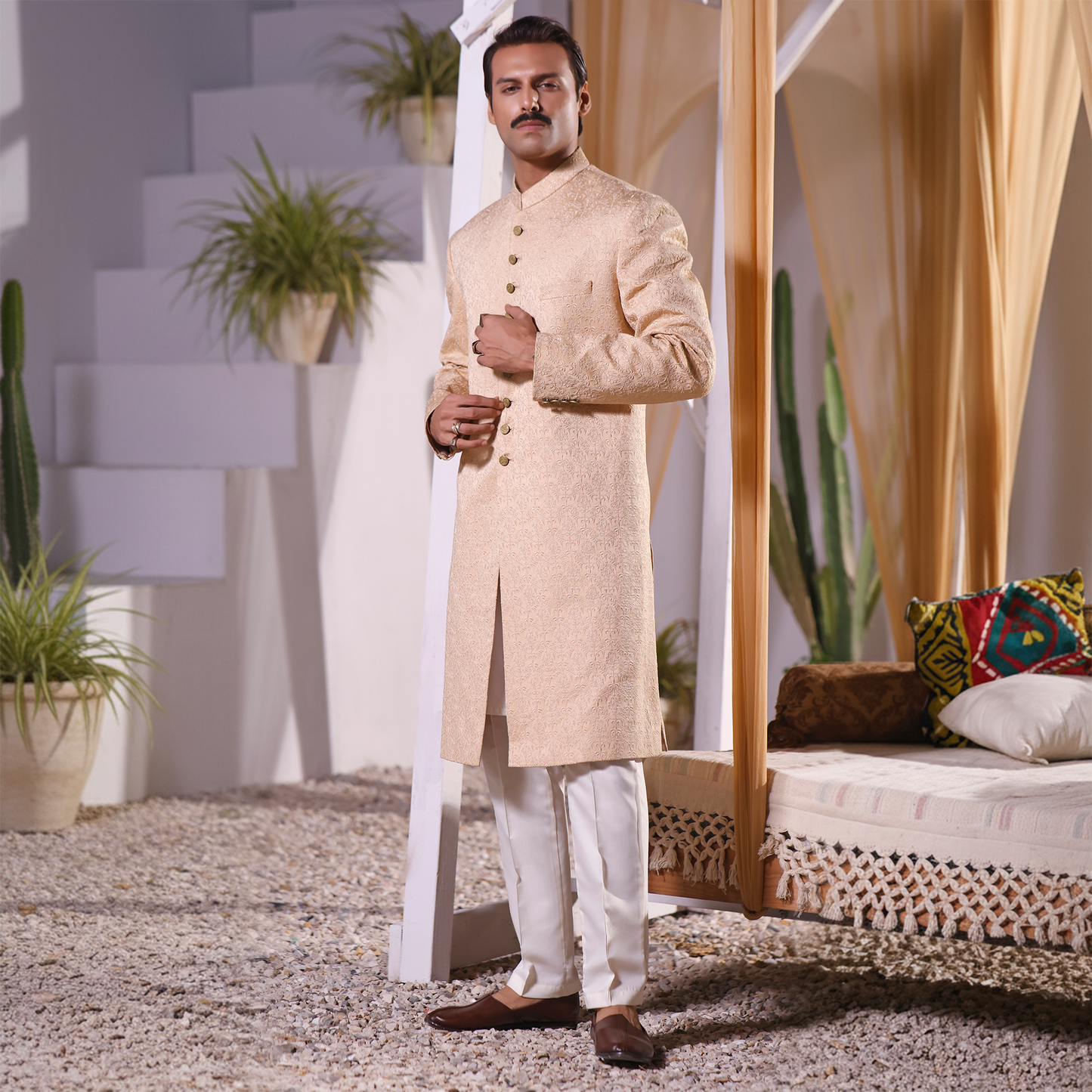Premium Satin Beige Embroidered Sherwani
