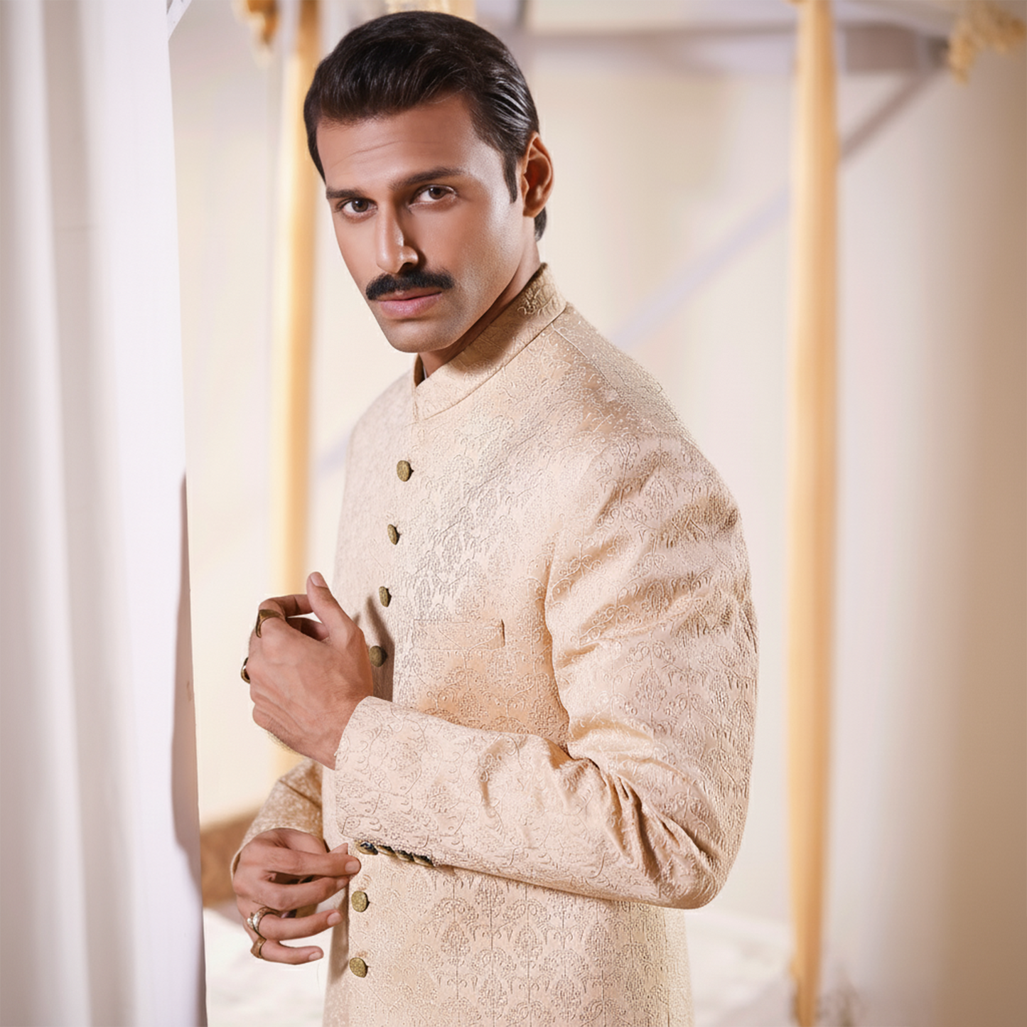Premium Satin Beige Embroidered Sherwani