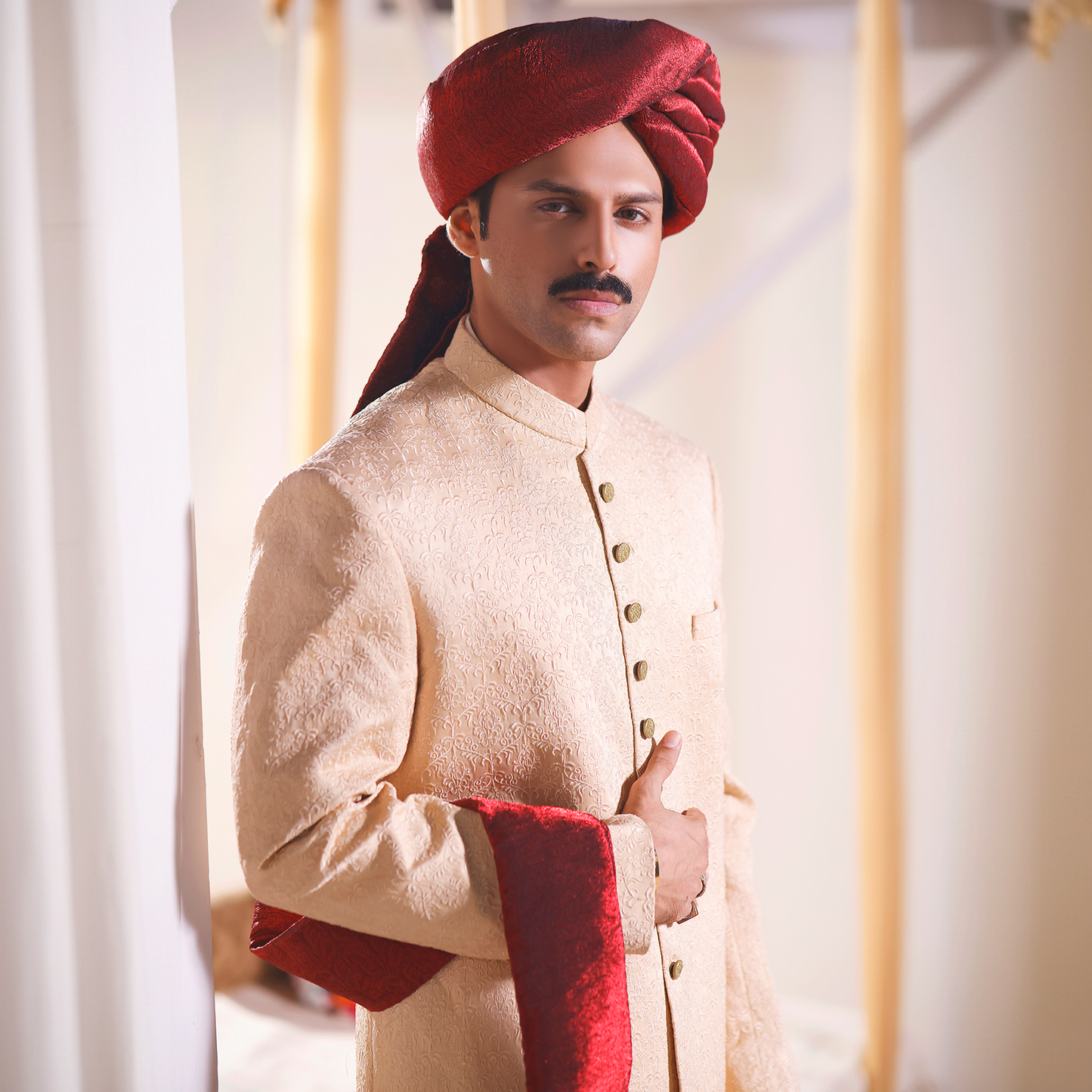 Premium Satin Beige Embroidered Sherwani