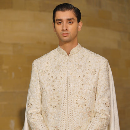 Premium Satin Cloud Dancer Emb Sherwani