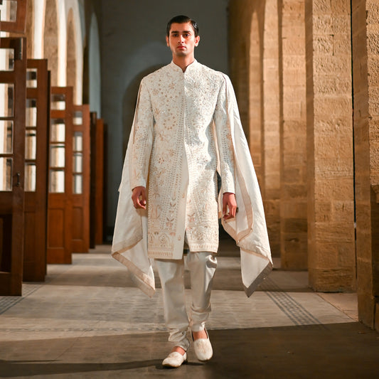 Premium Satin Cloud Dancer Emb Sherwani