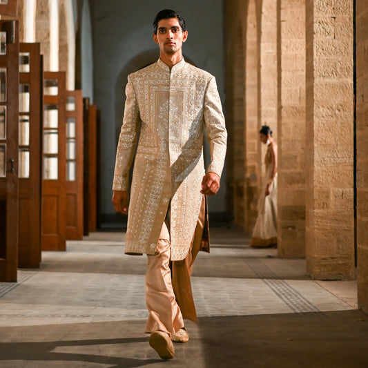 Premium Satin Gold Emb Sherwani