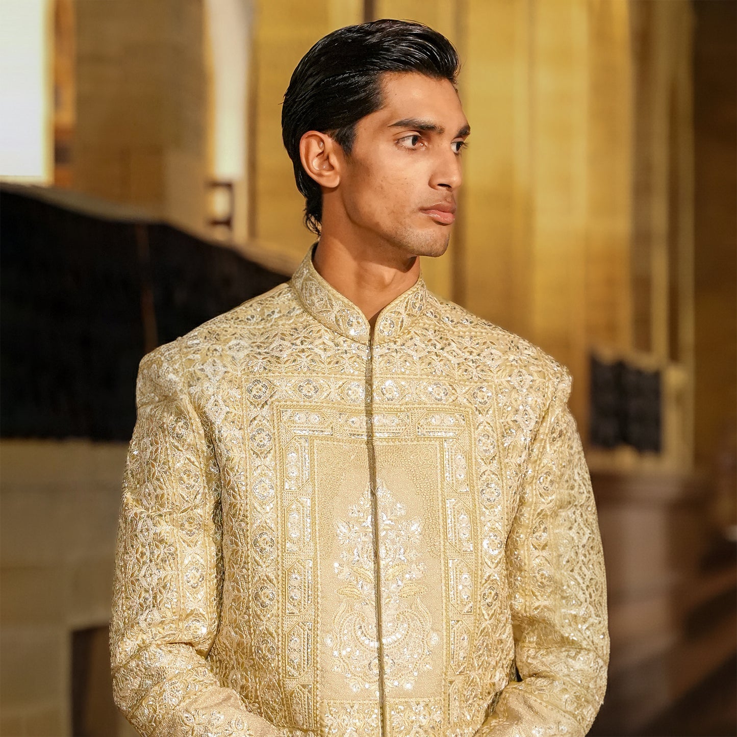 Premium Satin Gold Emb Sherwani