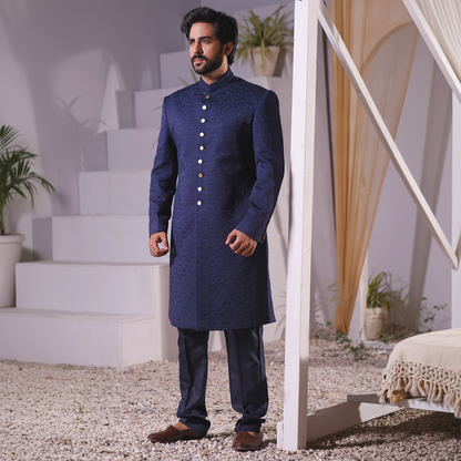 Premium Satin Navy Blazer Traditional Sherwani