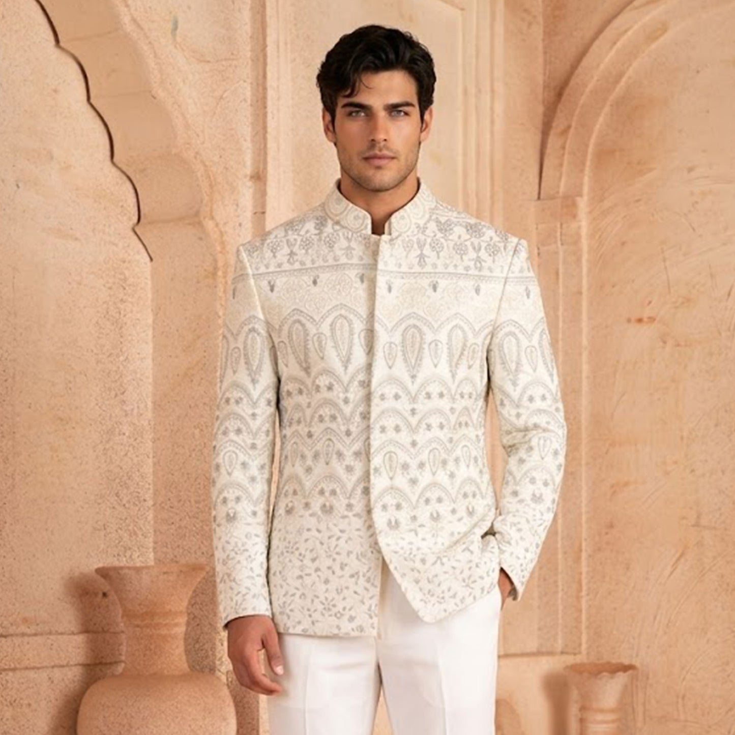 Premium Satin Off White Traditional Jacket