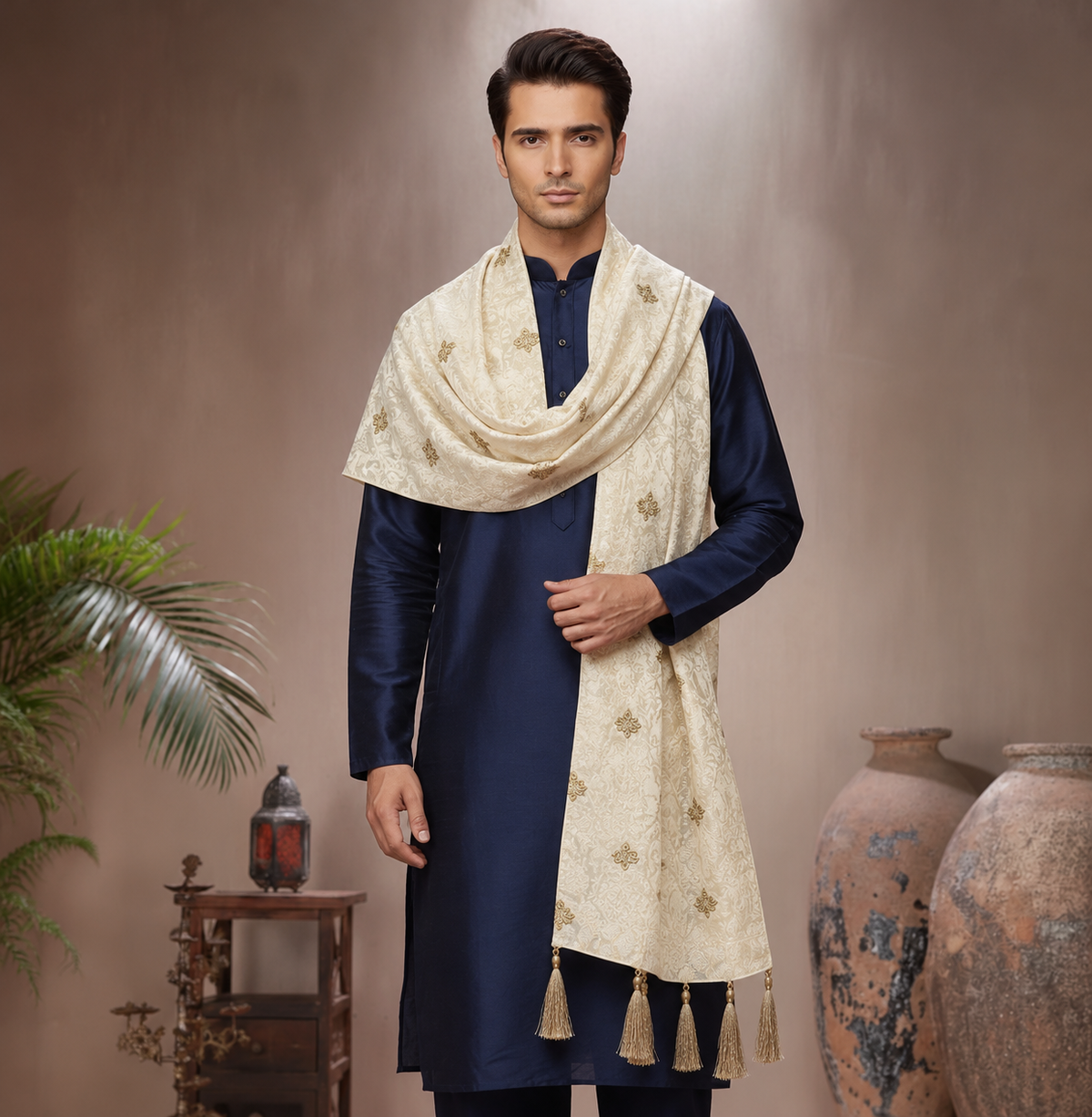Premium Satin Silk Off White Couture Shawl