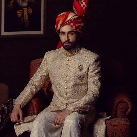 Gold Jamawar Hand-Embroidered Sherwani