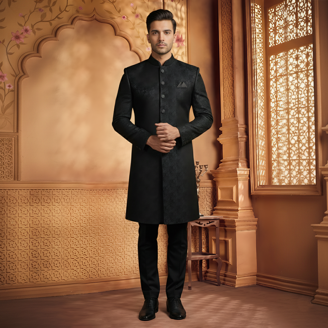 Premium Jamawar Black Traditional Sherwani