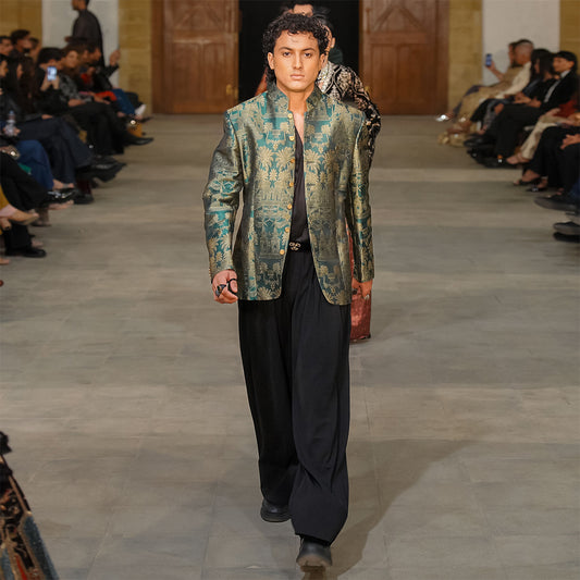 Premium Viscose Jamawar Kai Green Jacket