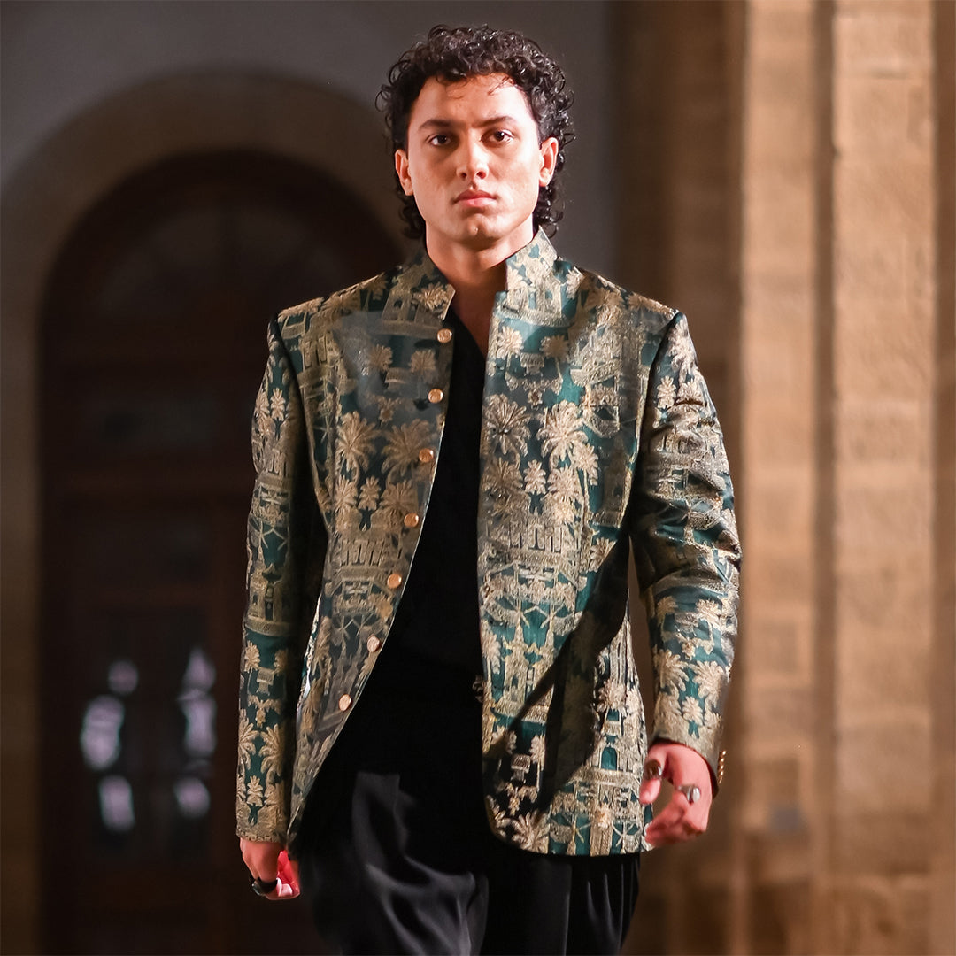 Premium Viscose Jamawar Kai Green Jacket