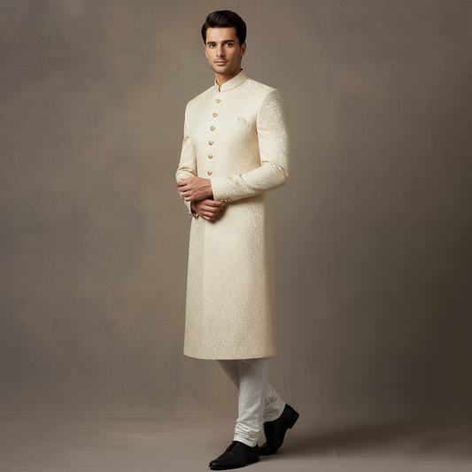 Premium Viscose Jamawar Light Cream Traditional Sherwani