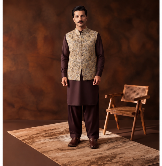 Premium Chiffon Embroidered Beige Couture Waistcoat