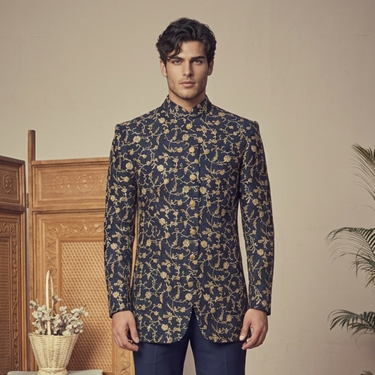Premium Jamawar Blue Couture Jacket