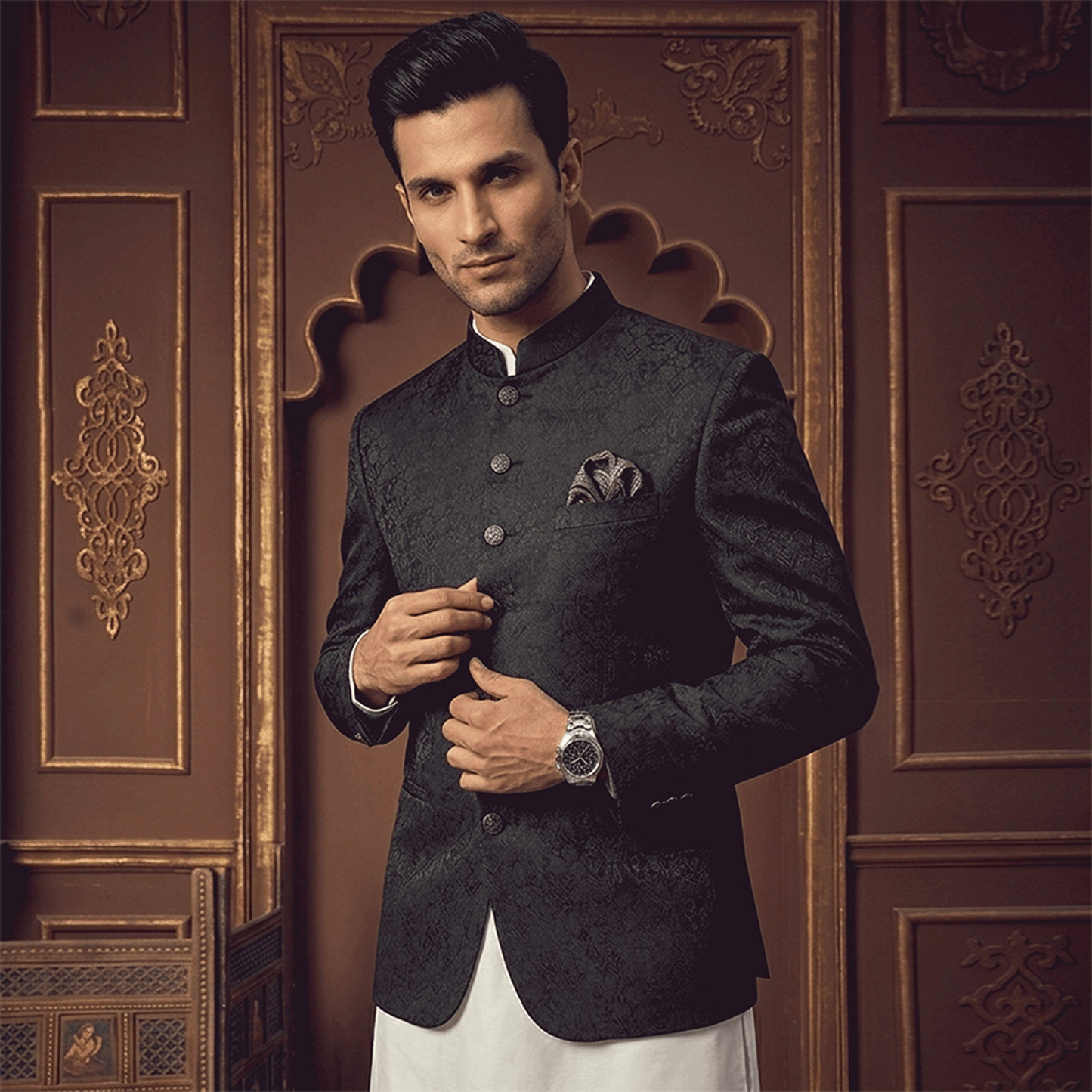 Premium Viscose Jamawar Black Jacket
