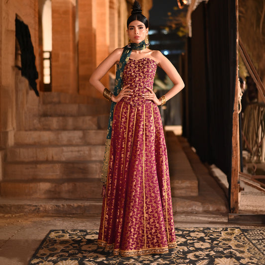 Purple Hand-Embroidered Jamawar Corset with Lehenga & Teal Dupatta