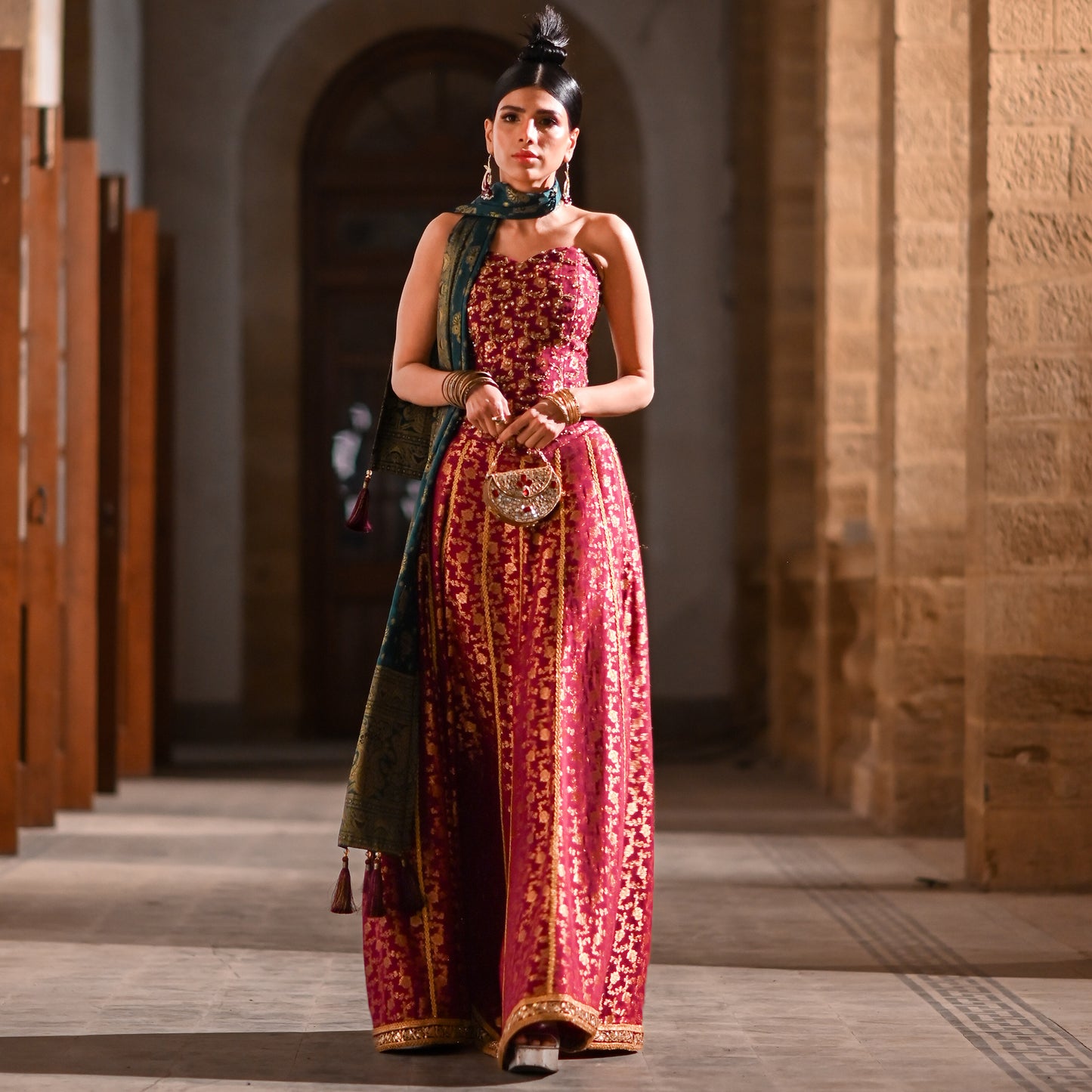 Purple Hand-Embroidered Jamawar Corset with Lehenga & Teal Dupatta