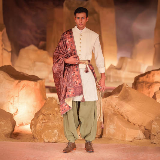 Raw-Finish Linen Kurta with Pleated Waistcoat and Nakhlistan Shawl